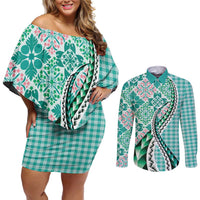 Aloha Vintage Palaka Floral Hawaiian Quilt Couples Matching Off Shoulder Short Dress and Long Sleeve Button Shirt Polu Motif LT9 Turquoise - Polynesian Pride