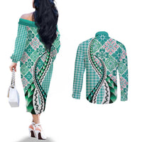 Aloha Vintage Palaka Floral Hawaiian Quilt Couples Matching Off The Shoulder Long Sleeve Dress and Long Sleeve Button Shirt Polu Motif LT9 - Polynesian Pride
