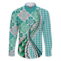 Aloha Vintage Palaka Floral Hawaiian Quilt Family Matching Mermaid Dress and Hawaiian Shirt Polu Motif LT9 Dad's Shirt - Long Sleeve Turquoise - Polynesian Pride