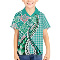 Aloha Vintage Palaka Floral Hawaiian Quilt Family Matching Off The Shoulder Long Sleeve Dress and Hawaiian Shirt Polu Motif LT9 Son's Shirt Turquoise - Polynesian Pride