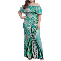 Aloha Vintage Palaka Floral Hawaiian Quilt Family Matching Off Shoulder Maxi Dress and Hawaiian Shirt Polu Motif LT9 Mom's Dress Turquoise - Polynesian Pride