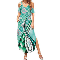 Aloha Vintage Palaka Floral Hawaiian Quilt Family Matching Summer Maxi Dress and Hawaiian Shirt Polu Motif LT9 Mom's Dress Turquoise - Polynesian Pride