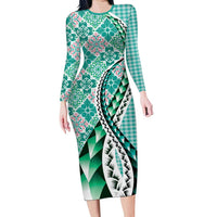 Aloha Vintage Palaka Floral Hawaiian Quilt Long Sleeve Bodycon Dress Polu Motif LT9 Long Dress Turquoise - Polynesian Pride