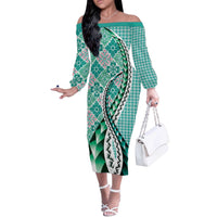 Aloha Vintage Palaka Floral Hawaiian Quilt Off The Shoulder Long Sleeve Dress Polu Motif LT9 Women Turquoise - Polynesian Pride