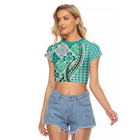 Aloha Vintage Palaka Floral Hawaiian Quilt Raglan Cropped T Shirt Polu Motif - Polynesian Pride