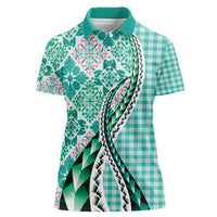 Aloha Vintage Palaka Floral Hawaiian Quilt Women Polo Shirt Polu Motif LT9 Female Turquoise - Polynesian Pride