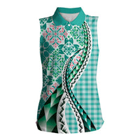 Aloha Vintage Palaka Floral Hawaiian Quilt Women Sleeveless Polo Shirt Polu Motif LT9 Female Turquoise - Polynesian Pride