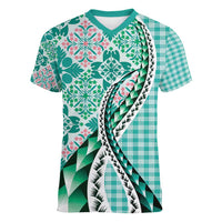 Aloha Vintage Palaka Floral Hawaiian Quilt Women V-Neck T-Shirt Polu Motif LT9 Female Turquoise - Polynesian Pride