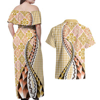 Aloha Vintage Palaka Floral Hawaiian Quilt Couples Matching Off Shoulder Maxi Dress and Hawaiian Shirt Melemele Motif LT9 - Polynesian Pride