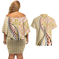 Aloha Vintage Palaka Floral Hawaiian Quilt Couples Matching Off Shoulder Short Dress and Hawaiian Shirt Melemele Motif LT9 - Polynesian Pride