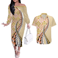 Aloha Vintage Palaka Floral Hawaiian Quilt Couples Matching Off The Shoulder Long Sleeve Dress and Hawaiian Shirt Melemele Motif LT9 Yellow - Polynesian Pride