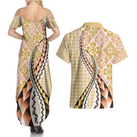 Aloha Vintage Palaka Floral Hawaiian Quilt Couples Matching Summer Maxi Dress and Hawaiian Shirt Melemele Motif LT9 - Polynesian Pride