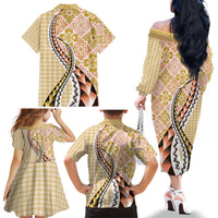 Aloha Vintage Palaka Floral Hawaiian Quilt Family Matching Off The Shoulder Long Sleeve Dress and Hawaiian Shirt Melemele Motif LT9 - Polynesian Pride