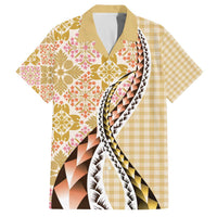 Aloha Vintage Palaka Floral Hawaiian Quilt Family Matching Off The Shoulder Long Sleeve Dress and Hawaiian Shirt Melemele Motif LT9 Dad's Shirt - Short Sleeve Yellow - Polynesian Pride