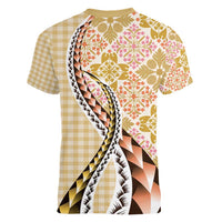 Aloha Vintage Palaka Floral Hawaiian Quilt Women V-Neck T-Shirt Melemele Motif LT9 - Polynesian Pride