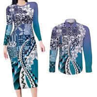 Aloha Vintage Plumeria Hawaiian Tapa Pattern Couples Matching Long Sleeve Bodycon Dress and Long Sleeve Button Shirt Blue Hawaiian Tapa Pattern - Polynesian Pride