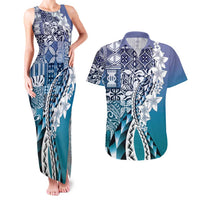 Aloha Vintage Plumeria Hawaiian Tapa Pattern Couples Matching Tank Maxi Dress and Hawaiian Shirt Blue Hawaiian Tapa Pattern LT9 Blue - Polynesian Pride
