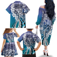 Aloha Vintage Plumeria Hawaiian Tapa Pattern Family Matching Off The Shoulder Long Sleeve Dress and Hawaiian Shirt Blue Hawaiian Tapa Pattern LT9 - Polynesian Pride