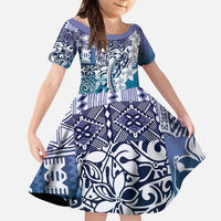 Aloha Vintage Plumeria Hawaiian Tapa Pattern Family Matching Off Shoulder Maxi Dress and Hawaiian Shirt Blue Hawaiian Tapa Pattern LT9 Daughter's Dress Blue - Polynesian Pride