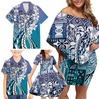 Aloha Vintage Plumeria Hawaiian Tapa Pattern Family Matching Off Shoulder Short Dress and Hawaiian Shirt Blue Hawaiian Tapa Pattern LT9 - Polynesian Pride
