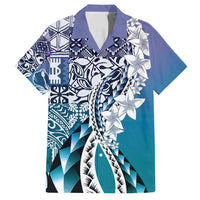 Aloha Vintage Plumeria Hawaiian Tapa Pattern Family Matching Off Shoulder Short Dress and Hawaiian Shirt Blue Hawaiian Tapa Pattern LT9 Dad's Shirt - Short Sleeve Blue - Polynesian Pride