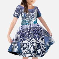Aloha Vintage Plumeria Hawaiian Tapa Pattern Family Matching Puletasi and Hawaiian Shirt Blue Hawaiian Tapa Pattern - Polynesian Pride