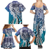 Aloha Vintage Plumeria Hawaiian Tapa Pattern Family Matching Summer Maxi Dress and Hawaiian Shirt Blue Hawaiian Tapa Pattern LT9 - Polynesian Pride