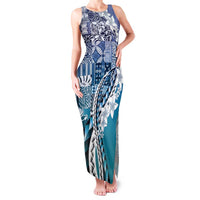 Aloha Vintage Plumeria Hawaiian Tapa Pattern Family Matching Tank Maxi Dress and Hawaiian Shirt Blue Hawaiian Tapa Pattern LT9 Mom's Dress Blue - Polynesian Pride