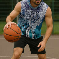 Aloha Vintage Plumeria Hawaiian Tapa Pattern Sleeveless Hoodie Blue Hawaiian Tapa Pattern - Polynesian Pride