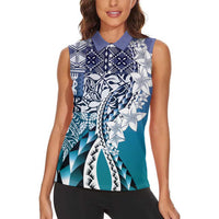 Aloha Vintage Plumeria Hawaiian Tapa Pattern Women Sleeveless Polo Shirt Blue Hawaiian Tapa Pattern - Polynesian Pride