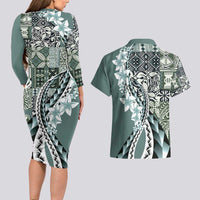 Aloha Vintage Plumeria Hawaiian Tapa Pattern Couples Matching Long Sleeve Bodycon Dress and Hawaiian Shirt Dark Turquoise Hawaiian Tapa Pattern LT9 - Polynesian Pride