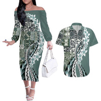 Aloha Vintage Plumeria Hawaiian Tapa Pattern Couples Matching Off The Shoulder Long Sleeve Dress and Hawaiian Shirt Dark Turquoise Hawaiian Tapa Pattern LT9 Turquoise - Polynesian Pride