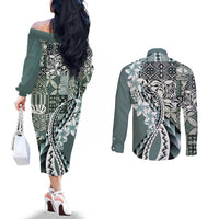 Aloha Vintage Plumeria Hawaiian Tapa Pattern Couples Matching Off The Shoulder Long Sleeve Dress and Long Sleeve Button Shirt Dark Turquoise Hawaiian Tapa Pattern - Polynesian Pride