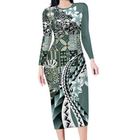 Aloha Vintage Plumeria Hawaiian Tapa Pattern Family Matching Long Sleeve Bodycon Dress and Hawaiian Shirt Dark Turquoise Hawaiian Tapa Pattern LT9 Mom's Dress Turquoise - Polynesian Pride