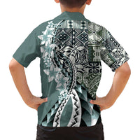 Aloha Vintage Plumeria Hawaiian Tapa Pattern Family Matching Off The Shoulder Long Sleeve Dress and Hawaiian Shirt Dark Turquoise Hawaiian Tapa Pattern LT9 - Polynesian Pride