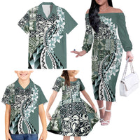 Aloha Vintage Plumeria Hawaiian Tapa Pattern Family Matching Off The Shoulder Long Sleeve Dress and Hawaiian Shirt Dark Turquoise Hawaiian Tapa Pattern LT9 - Polynesian Pride