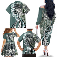 Aloha Vintage Plumeria Hawaiian Tapa Pattern Family Matching Off The Shoulder Long Sleeve Dress and Hawaiian Shirt Dark Turquoise Hawaiian Tapa Pattern LT9 - Polynesian Pride