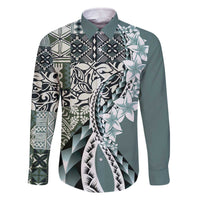 Aloha Vintage Plumeria Hawaiian Tapa Pattern Family Matching Off The Shoulder Long Sleeve Dress and Hawaiian Shirt Dark Turquoise Hawaiian Tapa Pattern LT9 Dad's Shirt - Long Sleeve Turquoise - Polynesian Pride