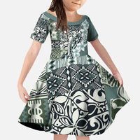 Aloha Vintage Plumeria Hawaiian Tapa Pattern Family Matching Off Shoulder Maxi Dress and Hawaiian Shirt Dark Turquoise Hawaiian Tapa Pattern LT9 Daughter's Dress Turquoise - Polynesian Pride