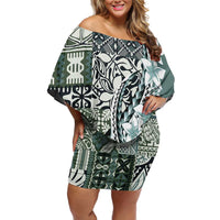 Aloha Vintage Plumeria Hawaiian Tapa Pattern Family Matching Off Shoulder Short Dress and Hawaiian Shirt Dark Turquoise Hawaiian Tapa Pattern LT9 Mom's Dress Turquoise - Polynesian Pride