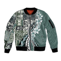 Aloha Vintage Plumeria Hawaiian Tapa Pattern Sleeve Zip Bomber Jacket Dark Turquoise Hawaiian Tapa Pattern LT9 Unisex Turquoise - Polynesian Pride