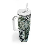 Aloha Vintage Plumeria Hawaiian Tapa Pattern Tumbler With Handle Dark Turquoise Hawaiian Tapa Pattern - Polynesian Pride