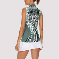 Aloha Vintage Plumeria Hawaiian Tapa Pattern Women Sleeveless Polo Shirt Dark Turquoise Hawaiian Tapa Pattern - Polynesian Pride