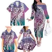 Aloha Vintage Plumeria Hawaiian Tapa Pattern Family Matching Off The Shoulder Long Sleeve Dress and Hawaiian Shirt Gradient Hawaiian Tapa Pattern LT9 - Polynesian Pride