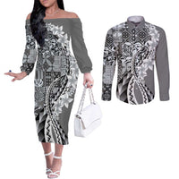Aloha Vintage Plumeria Hawaiian Tapa Pattern Couples Matching Off The Shoulder Long Sleeve Dress and Long Sleeve Button Shirt Gray Hawaiian Tapa Pattern - Polynesian Pride