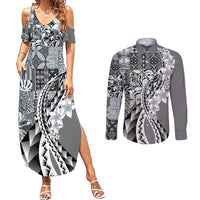 Aloha Vintage Plumeria Hawaiian Tapa Pattern Couples Matching Summer Maxi Dress and Long Sleeve Button Shirt Gray Hawaiian Tapa Pattern LT9 Gray - Polynesian Pride