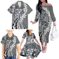 Aloha Vintage Plumeria Hawaiian Tapa Pattern Family Matching Off The Shoulder Long Sleeve Dress and Hawaiian Shirt Gray Hawaiian Tapa Pattern LT9 - Polynesian Pride