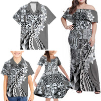 Aloha Vintage Plumeria Hawaiian Tapa Pattern Family Matching Off Shoulder Maxi Dress and Hawaiian Shirt Gray Hawaiian Tapa Pattern LT9 - Polynesian Pride