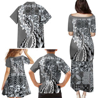 Aloha Vintage Plumeria Hawaiian Tapa Pattern Family Matching Puletasi and Hawaiian Shirt Gray Hawaiian Tapa Pattern LT9 - Polynesian Pride