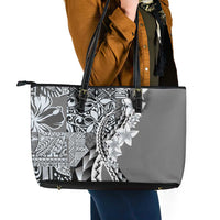 Aloha Vintage Plumeria Hawaiian Tapa Pattern Leather Tote Bag Gray Hawaiian Tapa Pattern - Polynesian Pride